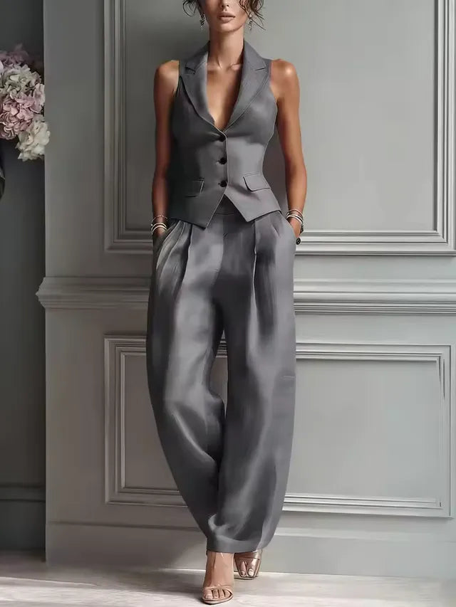 Women's two-piece chiffon outfit, casual wide-leg ruffled pants set with asymmetrical layers, ideal for wedding guests or everyday wear