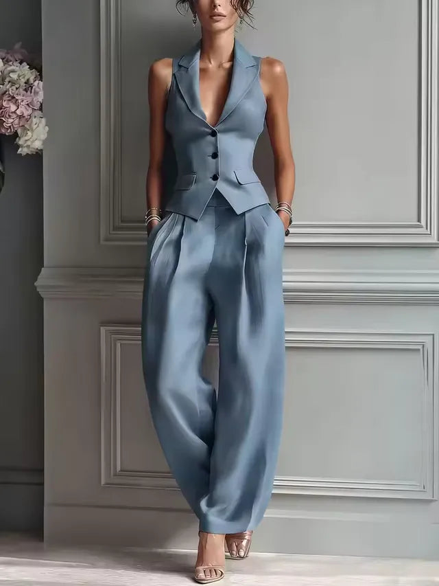 Women's two-piece chiffon outfit, casual wide-leg ruffled pants set with asymmetrical layers, ideal for wedding guests or everyday wear