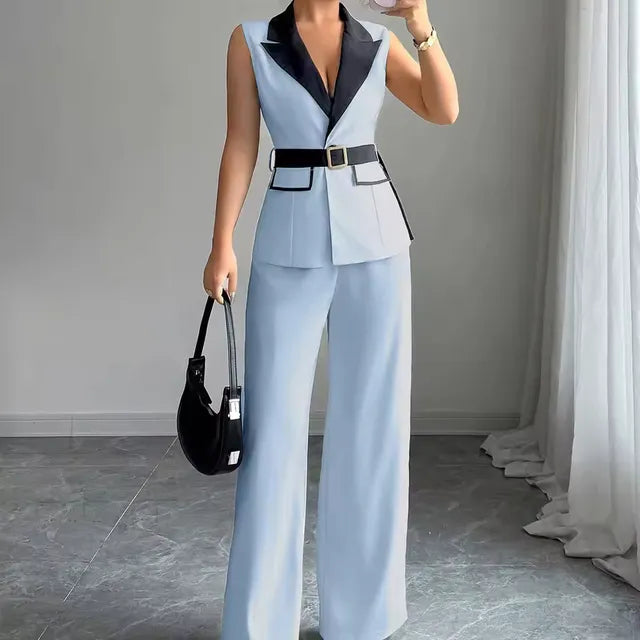 Conjunto elegante de mujer con chaleco tipo blazer sin mangas y pantalones de pierna ancha con cinturón